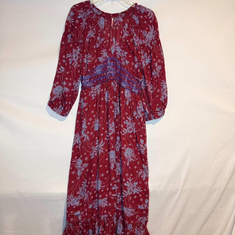Free People Med Rare Feelings Golden Maxi Dress Red Blue Floral Smocked Waist